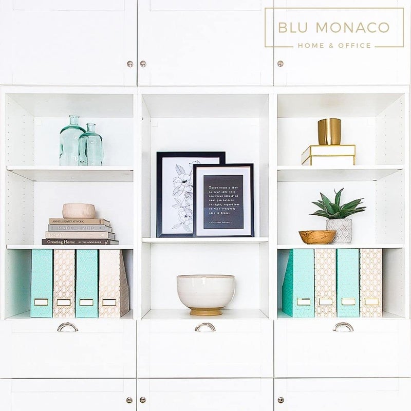 Blu Monaco بلو موناكو | مجموعة من 4 حوامل مجلات قابلة للطي باللون الوردي والأكوا مع أنماط هندسية ذهبية | صناديق تنظيم الملفات الرأسية مع حوامل تسميات ذهبية للمنزل والمكتب - Image 4